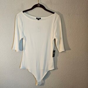 NWT Express large 3/4 sleeve white ribbed bodysuit office preppy quiet luxury